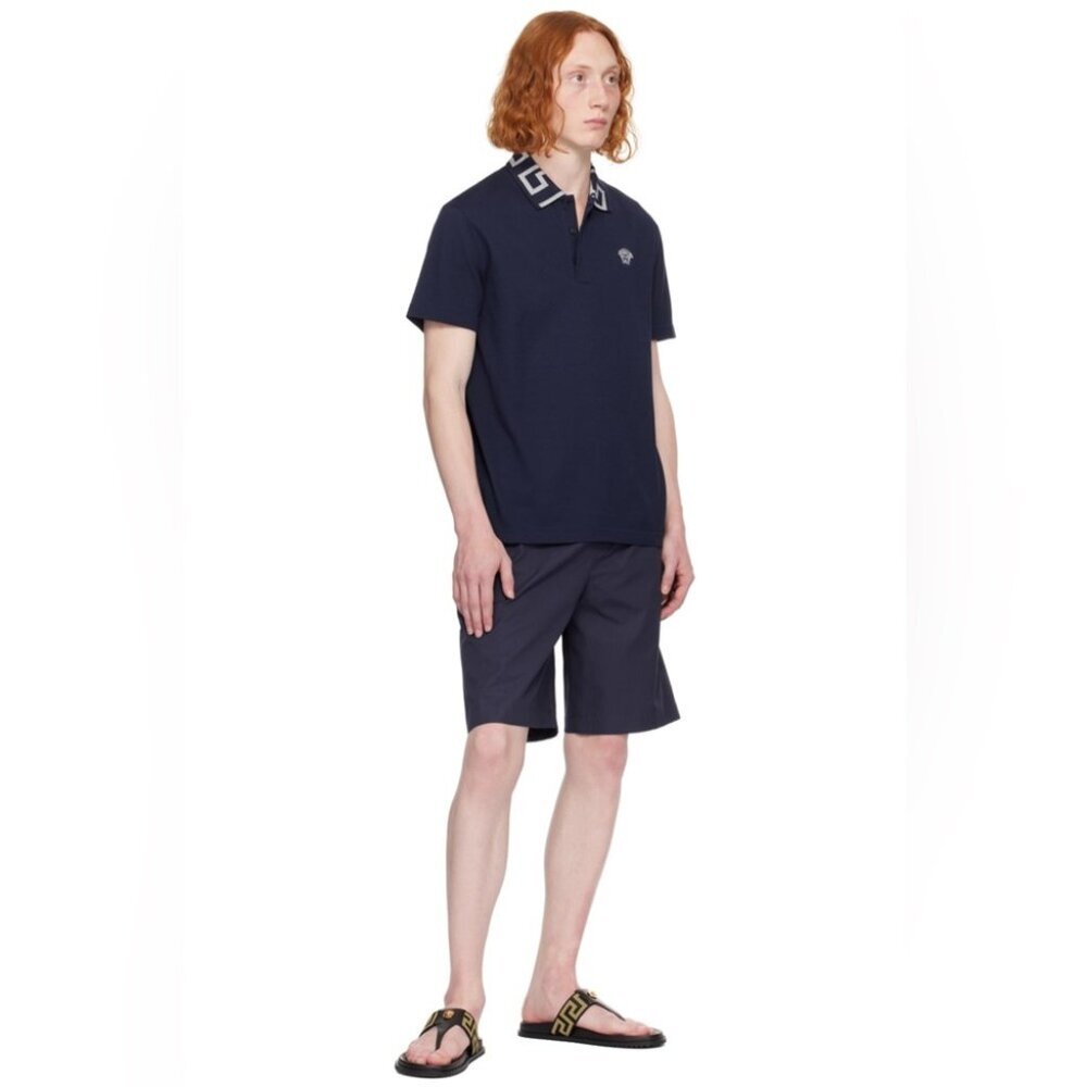 NWT VERSACE Navy Greca Collar Polo size L